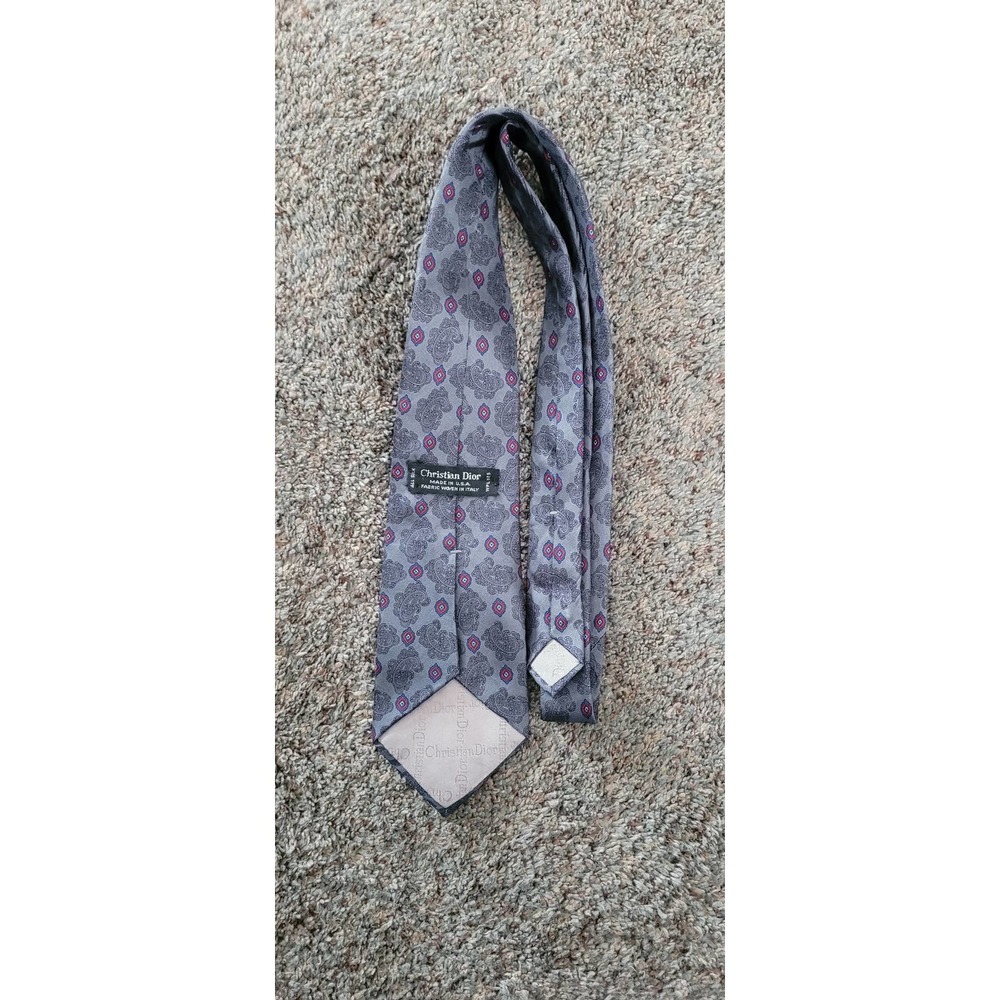 Christian Dior 100% Silk Necktie Vintage Charcoal Gray Print